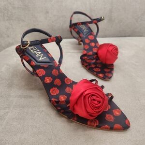 Deltan Heeled Sandals 9 Blue Satin Amayah Rosette Red Roses Floral New $110